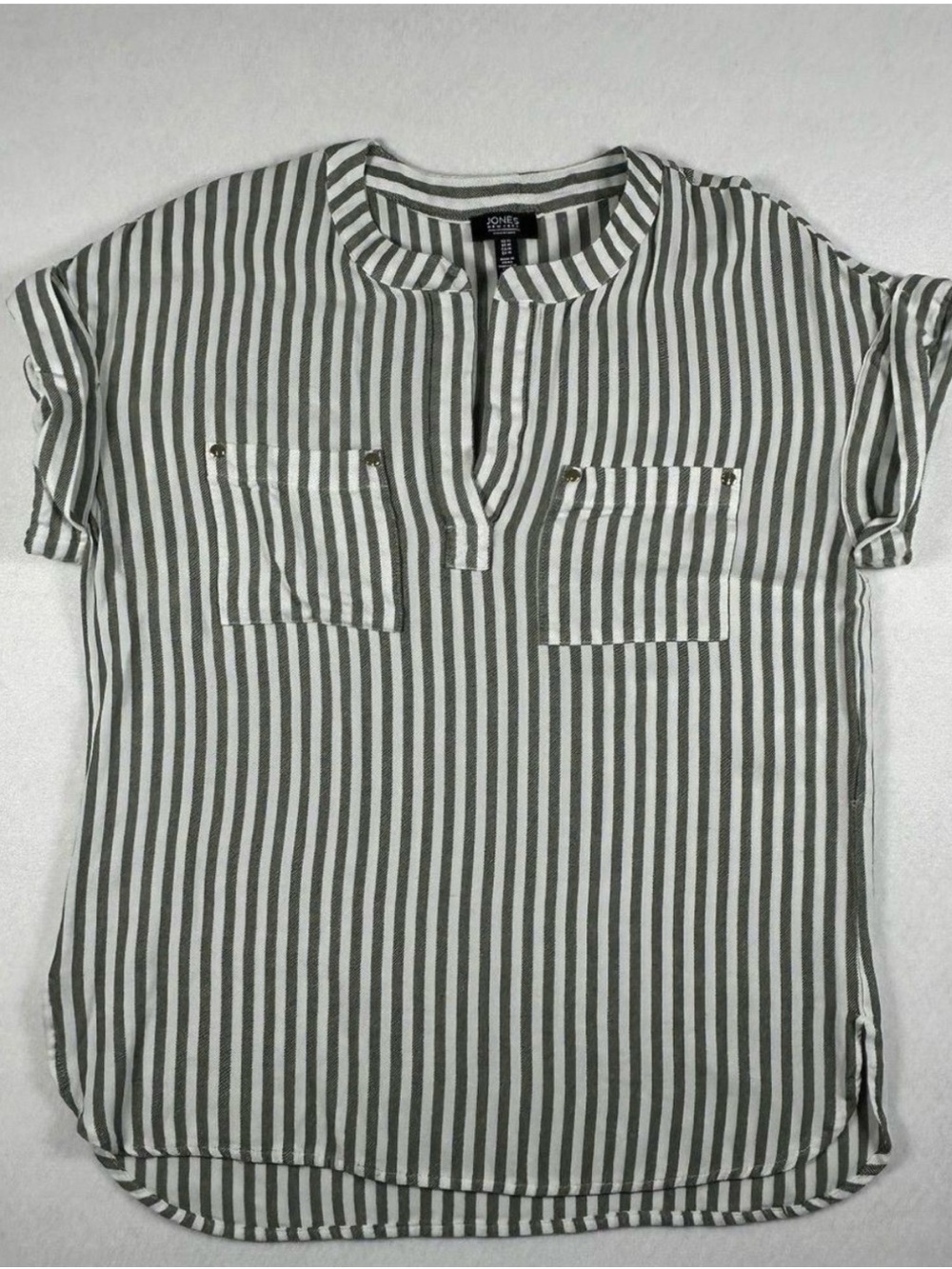 Jones New York Black and White Vertical-Stripe Short Sleeve Shirt